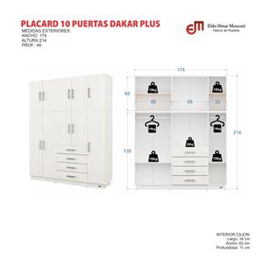 PLACARD MOSCONI ROPERO 10 PUERTAS 4 CAJONES CON BAULERA DAKAR 56567 COLOR BLANCO