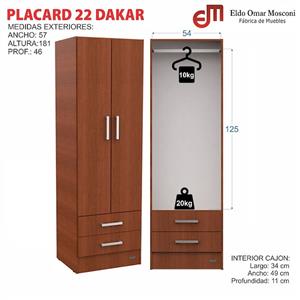PLACARD ROPERO 2 PUERTAS MELAMINA MOSCONI DAKAR 56812 COLOR CARV. MEZZO/BLANCO
